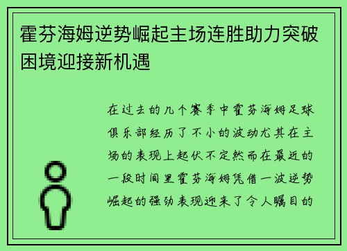 霍芬海姆逆势崛起主场连胜助力突破困境迎接新机遇