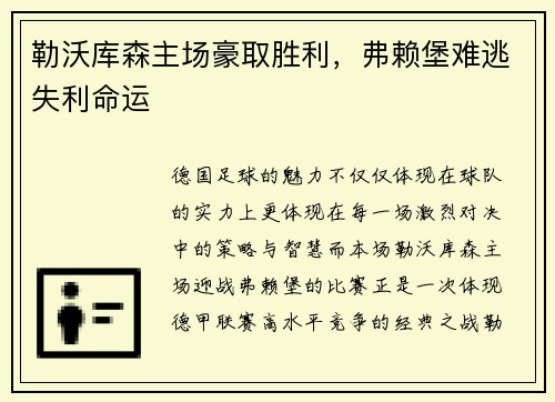 勒沃库森主场豪取胜利，弗赖堡难逃失利命运
