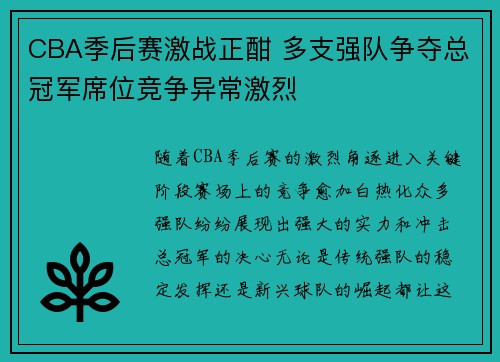 CBA季后赛激战正酣 多支强队争夺总冠军席位竞争异常激烈