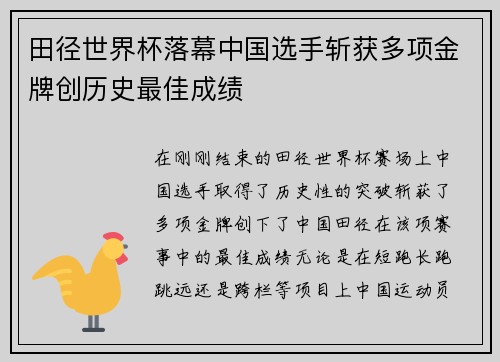 田径世界杯落幕中国选手斩获多项金牌创历史最佳成绩
